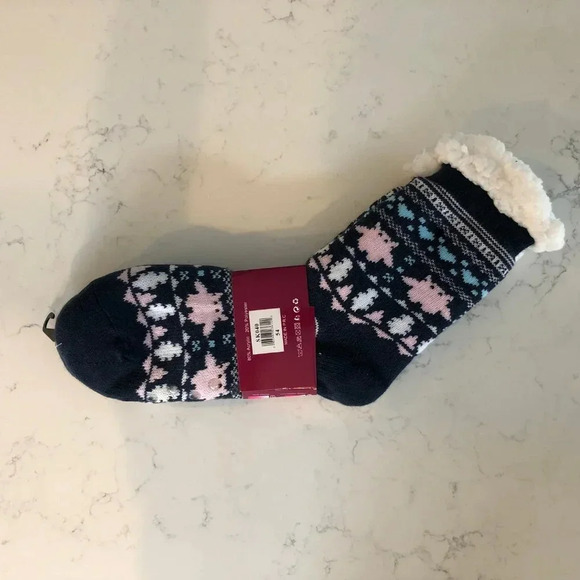 Hongling Thermal Fleece Lined Slipper Socks w Silicone Grip Dots Blu Wht Pnk NWT - Picture 3 of 12